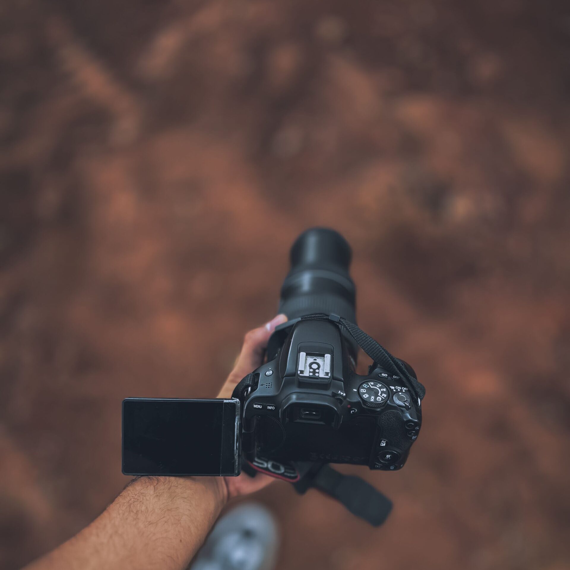 Top view of a person holding a DSLR camera with an adjustable screen outdoors, ready to shoot.